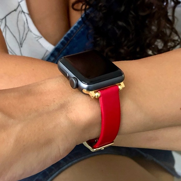 Red & Gold Vegan Leather Strap Apple iWatch Band - Picture 7 of 9